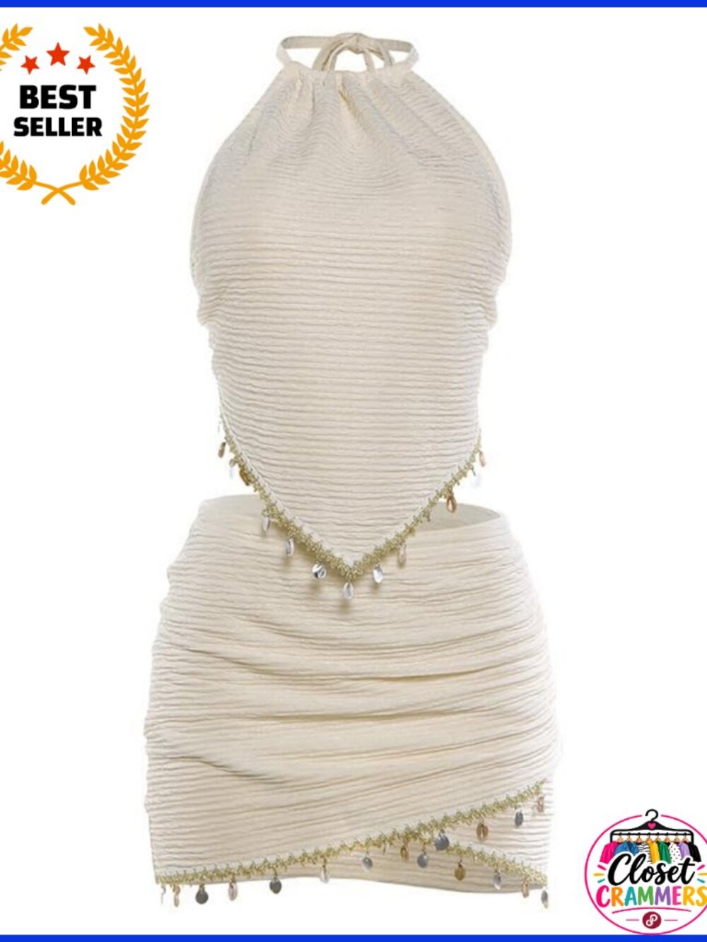Sequin Trim Halter Vest Top & Mini Skirt Two Piece Set - Picture 2 of 2